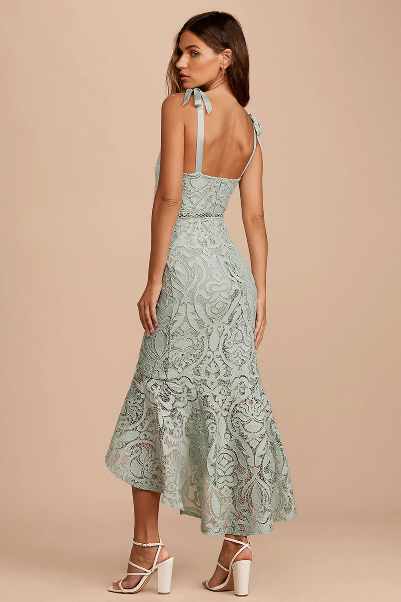 Won Your Heart Sage Green Lace Tie-Strap High-Low Midi Dress  Elephant  Clouds Apparel