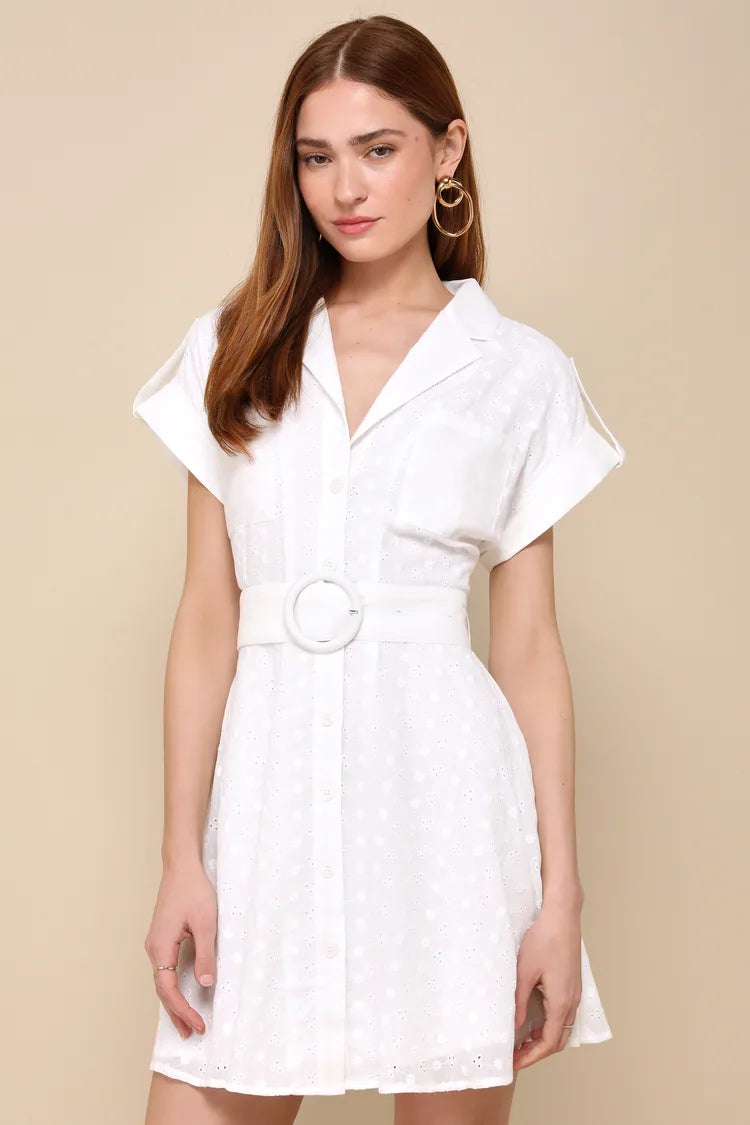 Eyelet Embroidered Belted Mini Dress