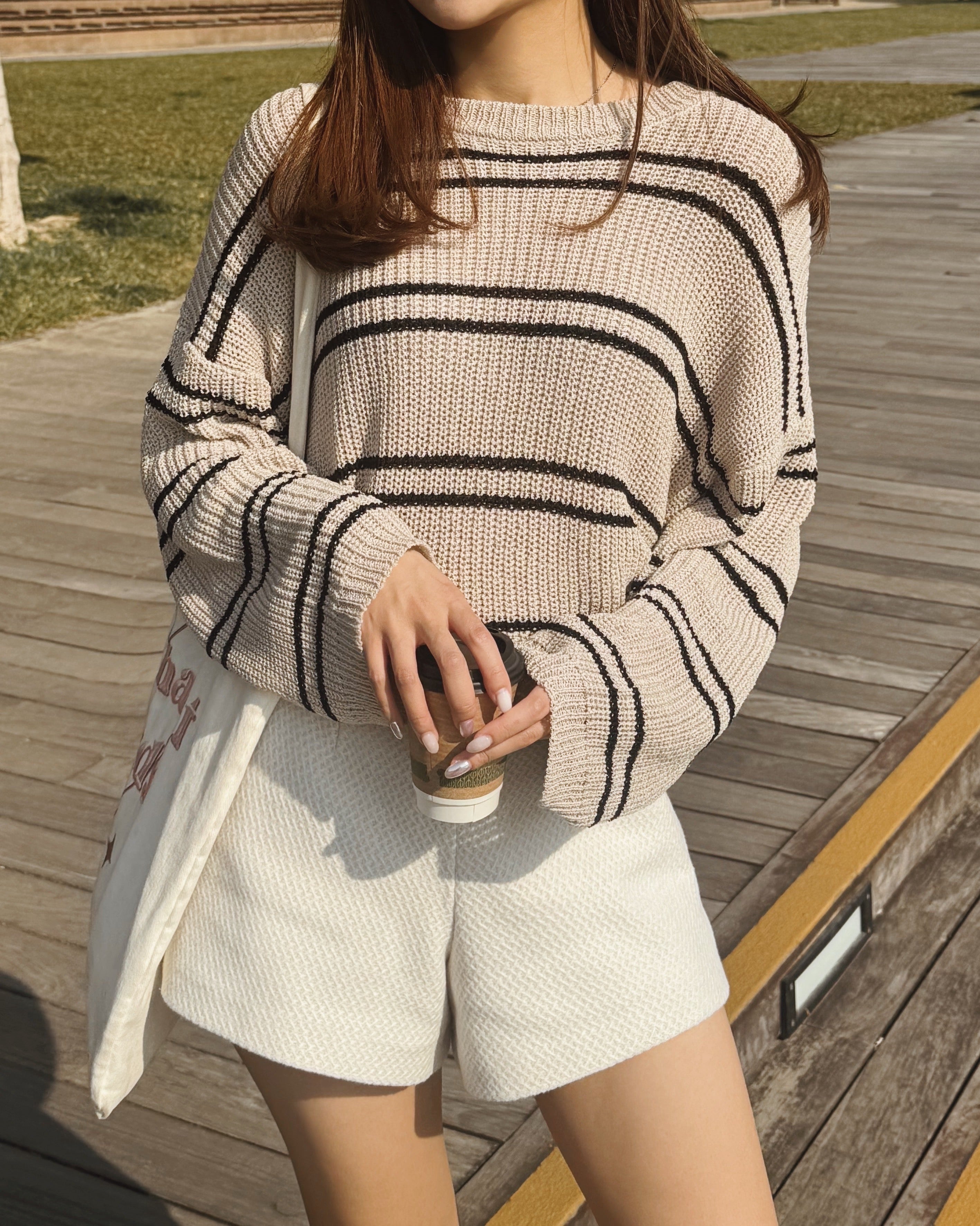 Double Striped Long Sleeve Open Knit Top