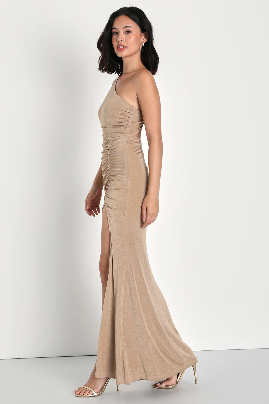 Especially Breathtaking Taupe Ruched One-Shoulder Maxi Dress