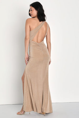 Especially Breathtaking Taupe Ruched One-Shoulder Maxi Dress