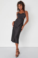 Stun to Remember Black Satin Cowl Neck Cutout Midi Dress