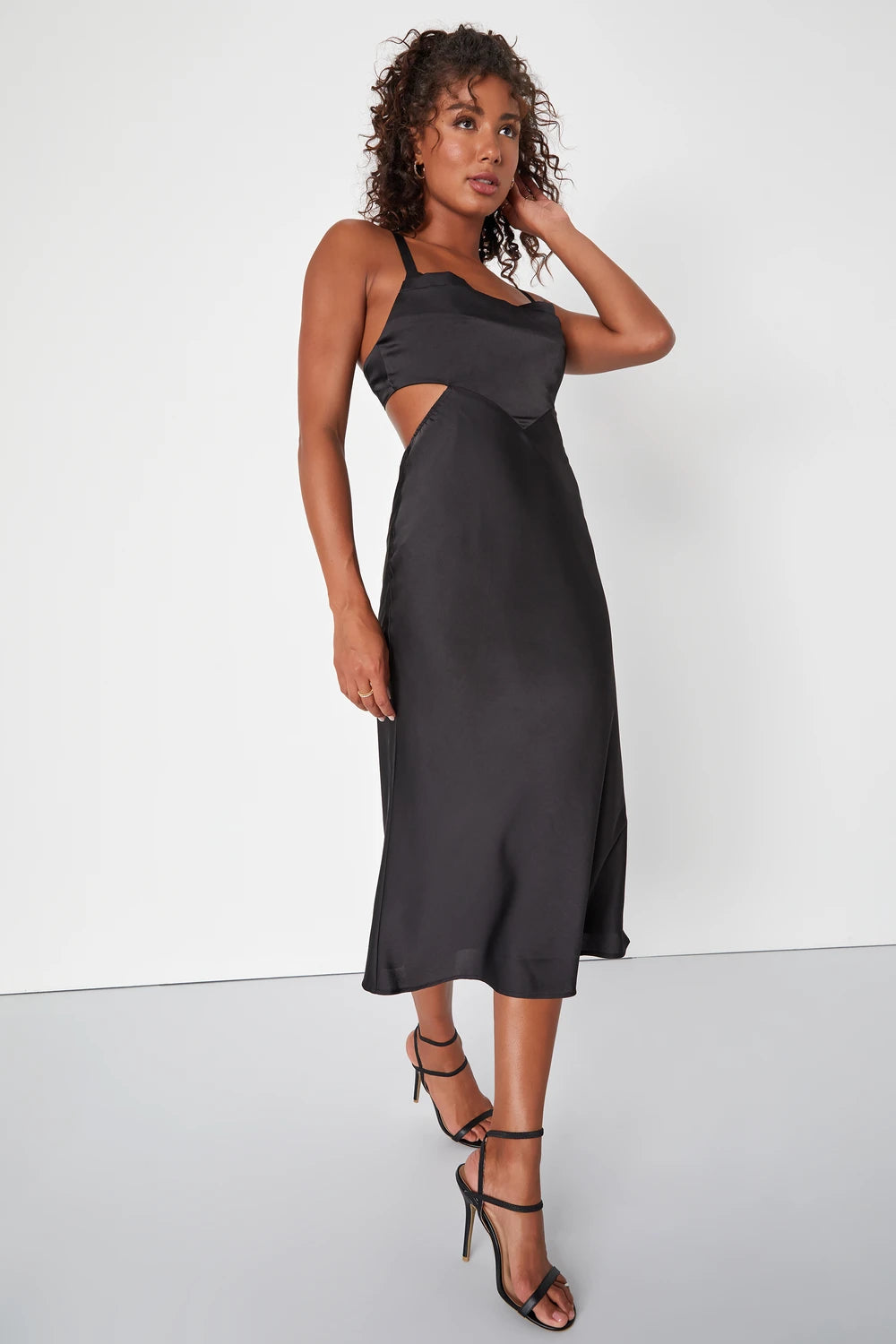 Stun to Remember Black Satin Cowl Neck Cutout Midi Dress