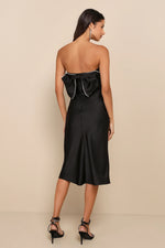 Luxe Crush Black Satin Rhinestone Bow Strapless Midi Dress