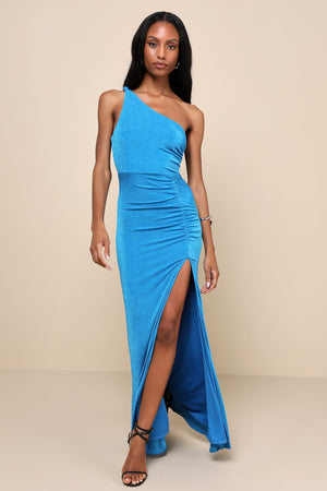 Especially Breathtaking Taupe Ruched One-Shoulder Maxi Dress