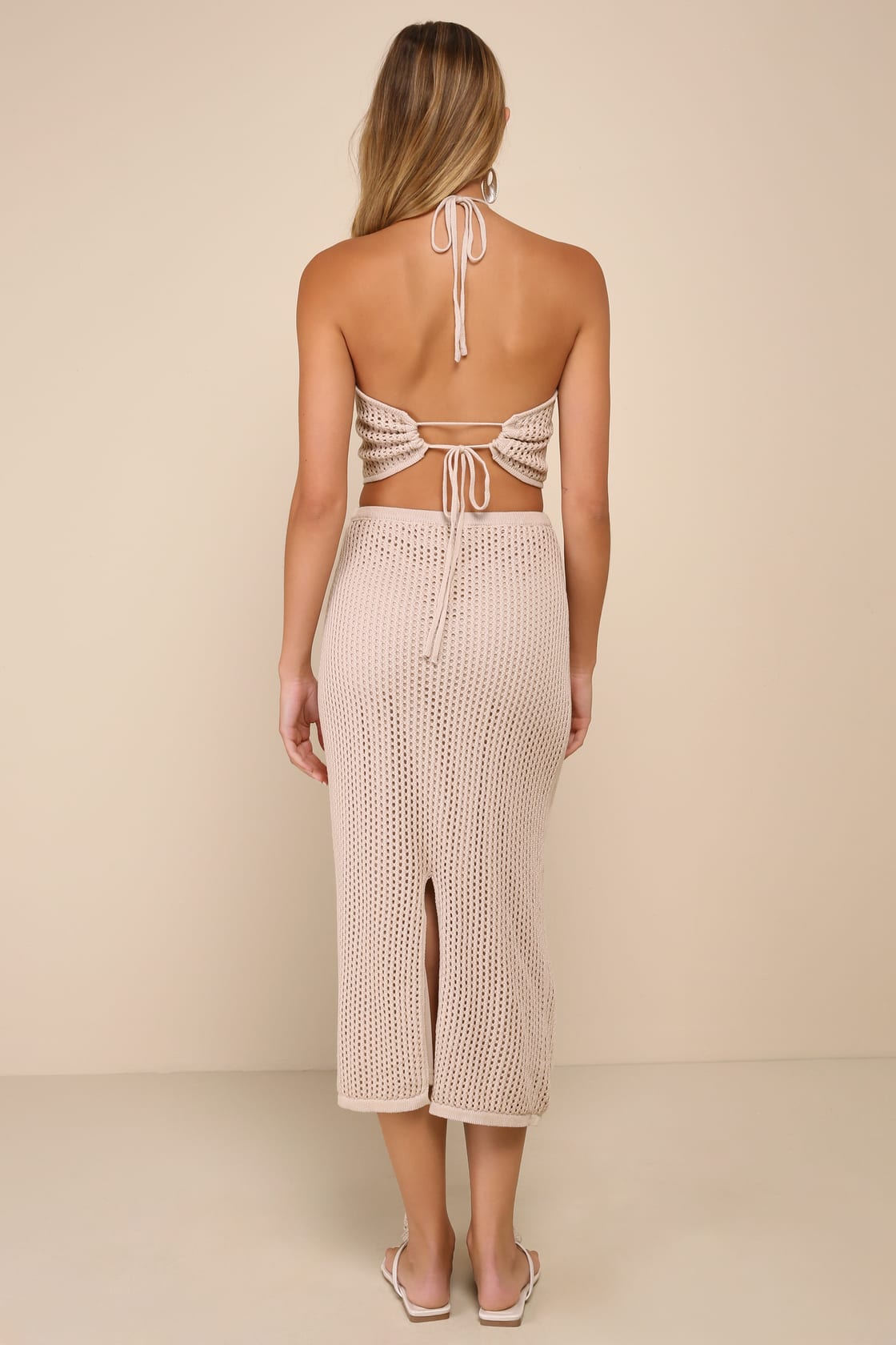 Sunny Serenity Beige Crochet Cutout Halter Midi Dress