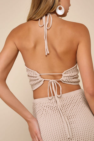 Sunny Serenity Beige Crochet Cutout Halter Midi Dress