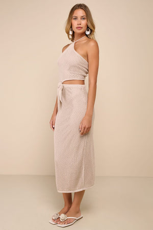 Sunny Serenity Beige Crochet Cutout Halter Midi Dress