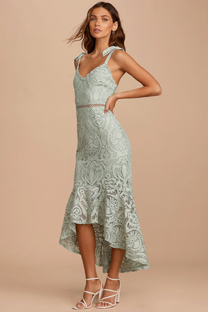 Won Your Heart Sage Green Lace Tie-Strap High-Low Midi Dress