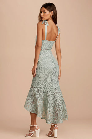 Won Your Heart Sage Green Lace Tie-Strap High-Low Midi Dress