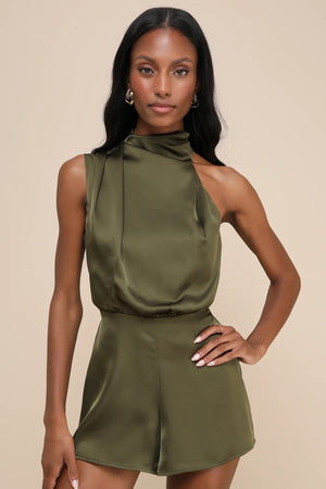 Advantageous Perfection Olive Green Satin Asymmetrical Romper