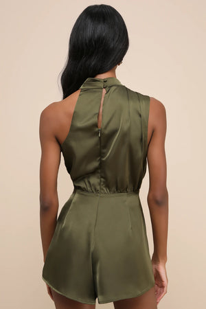 Advantageous Perfection Olive Green Satin Asymmetrical Romper