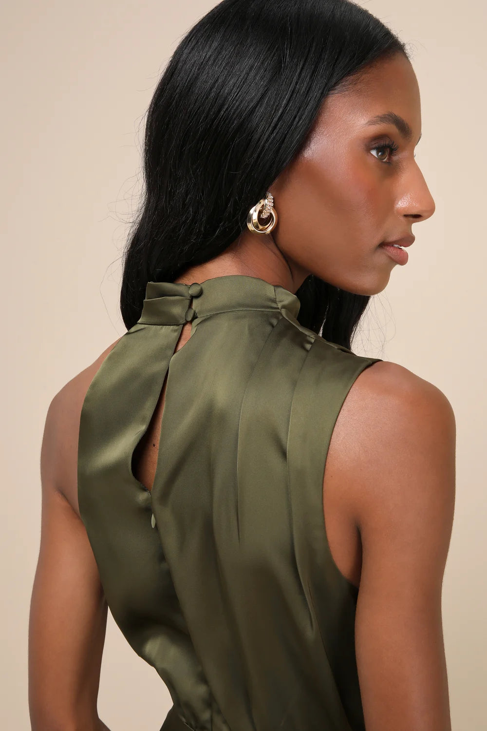 Advantageous Perfection Olive Green Satin Asymmetrical Romper