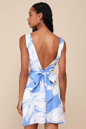 Deeply Sweet Blue and White Floral Tie-Back Shift Mini Dress