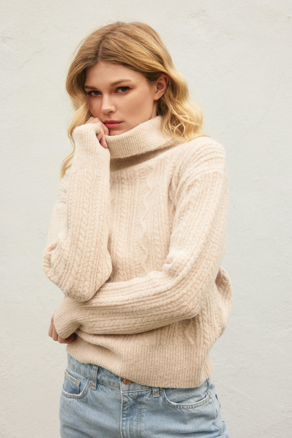 Fluffy Cable Detail Turtle Neck Sweater