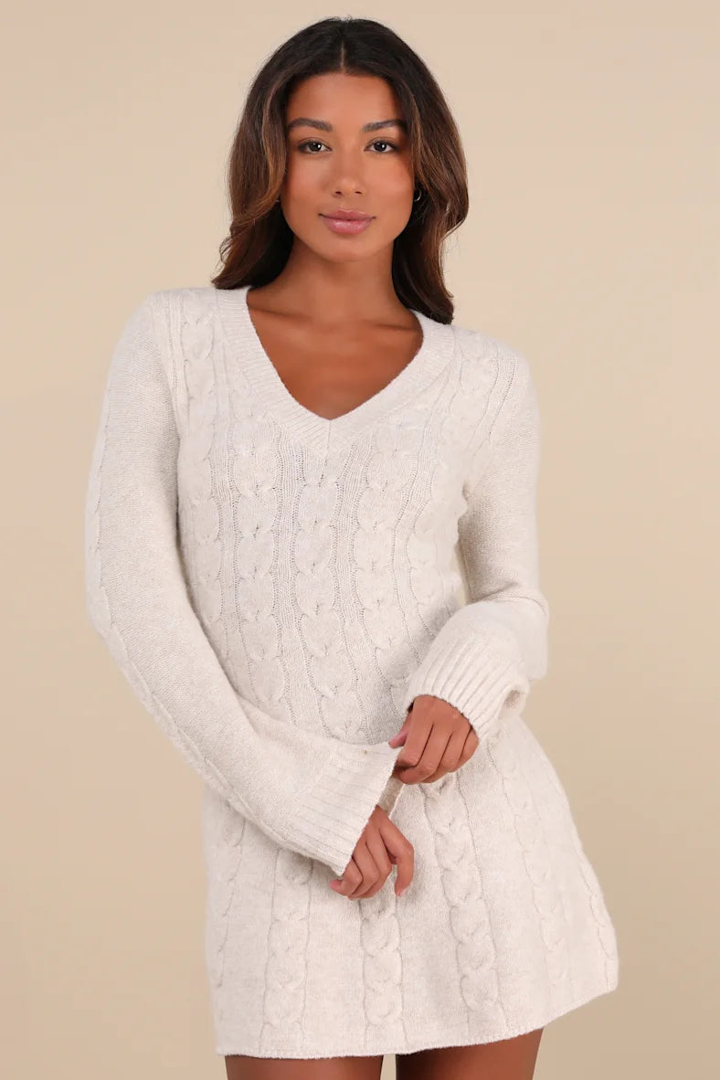 Cable Knit Long Sleeve Sweater Mini Dress