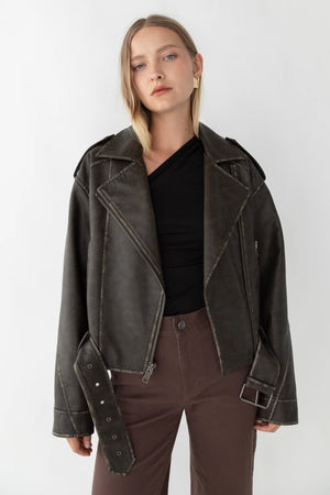 Cropped Vegan Leather Moto Jacket