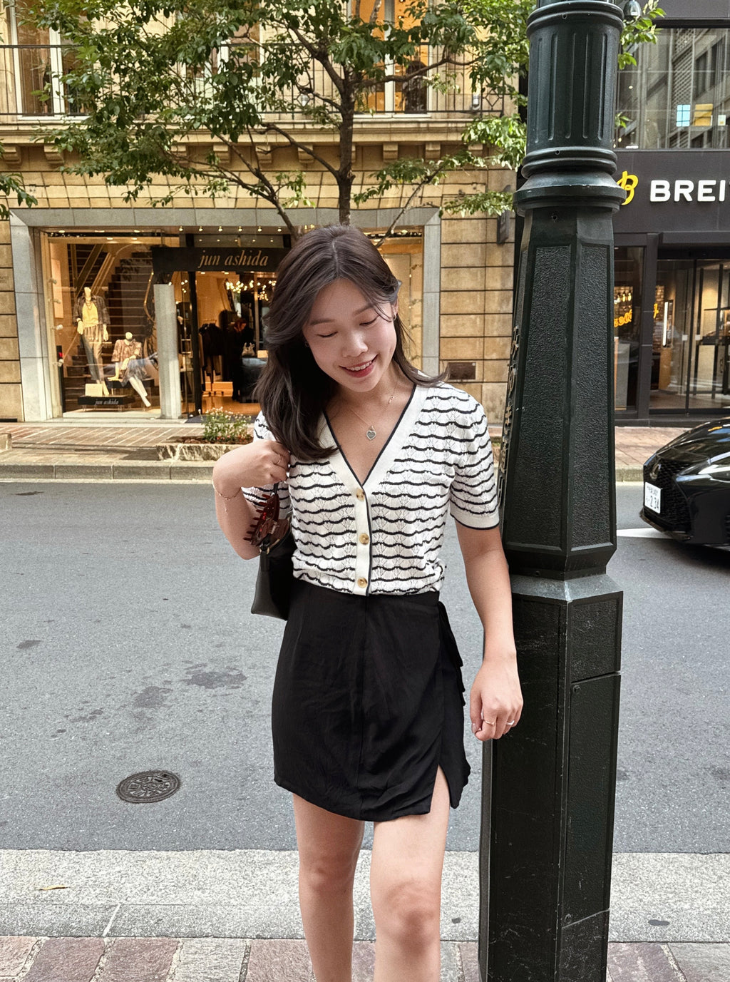 Short-sleeve pointelle V-neck cardigan sweater