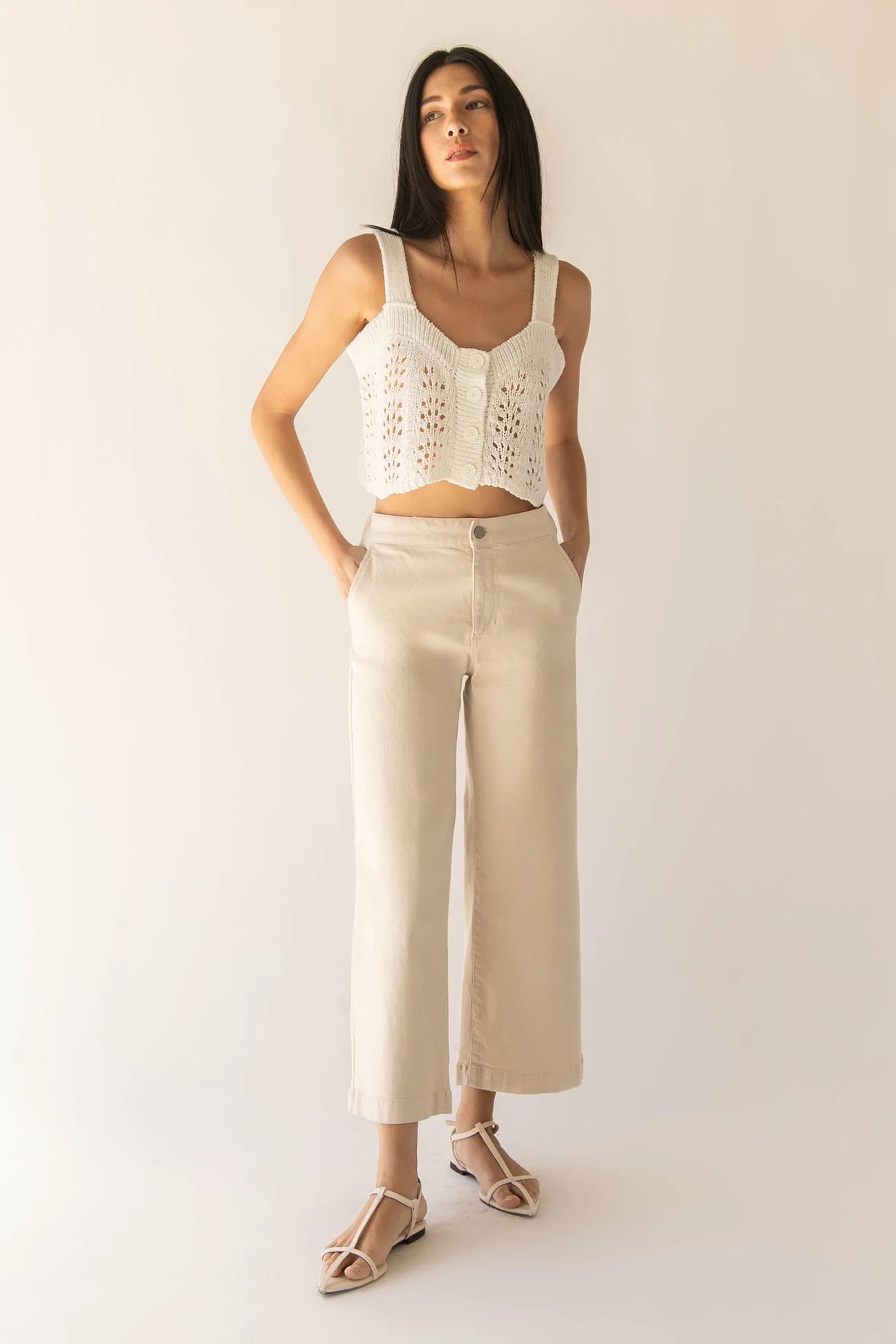 Cropped Twill Wide Leg Pant