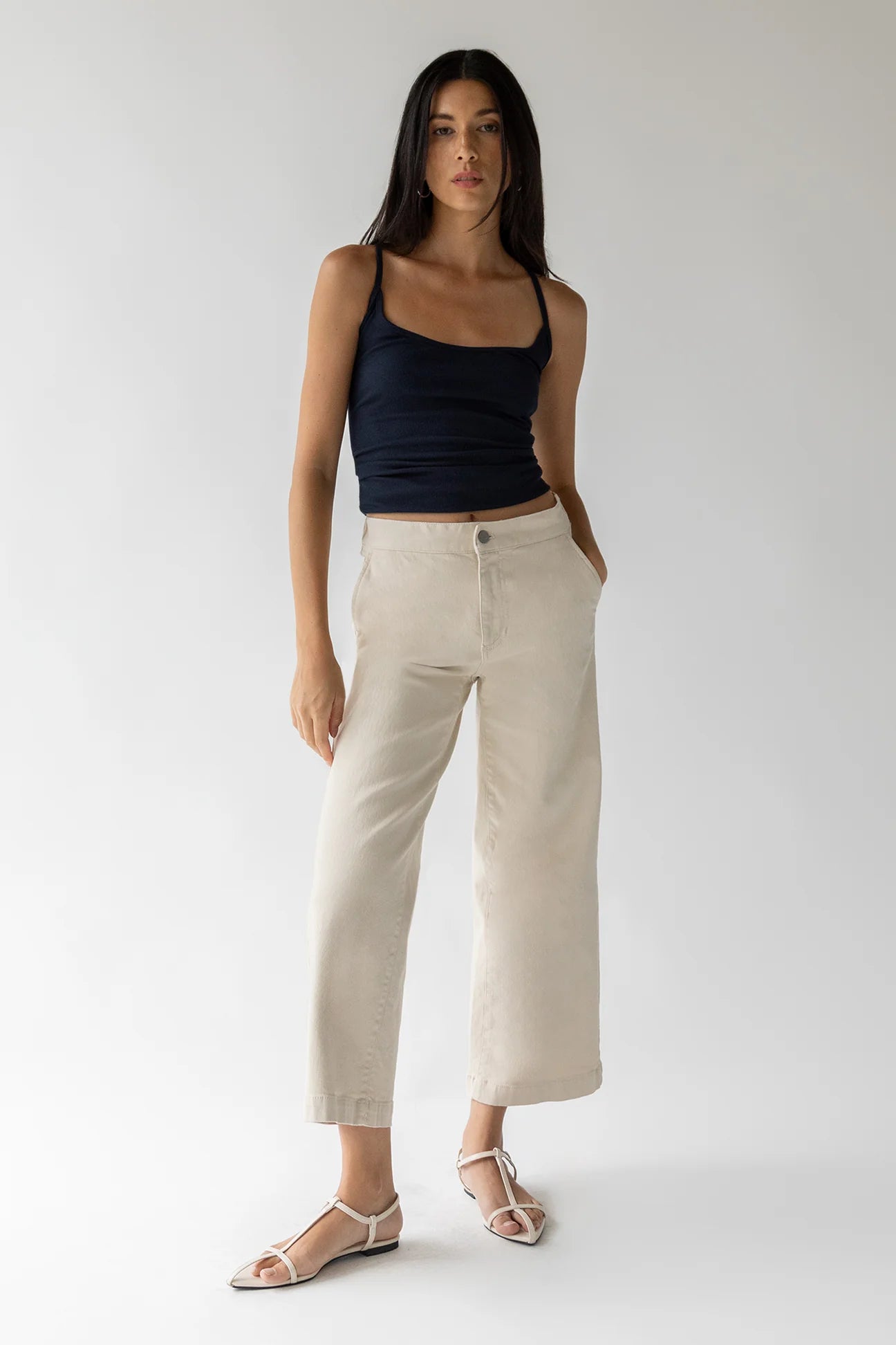 Cropped Twill Wide Leg Pant