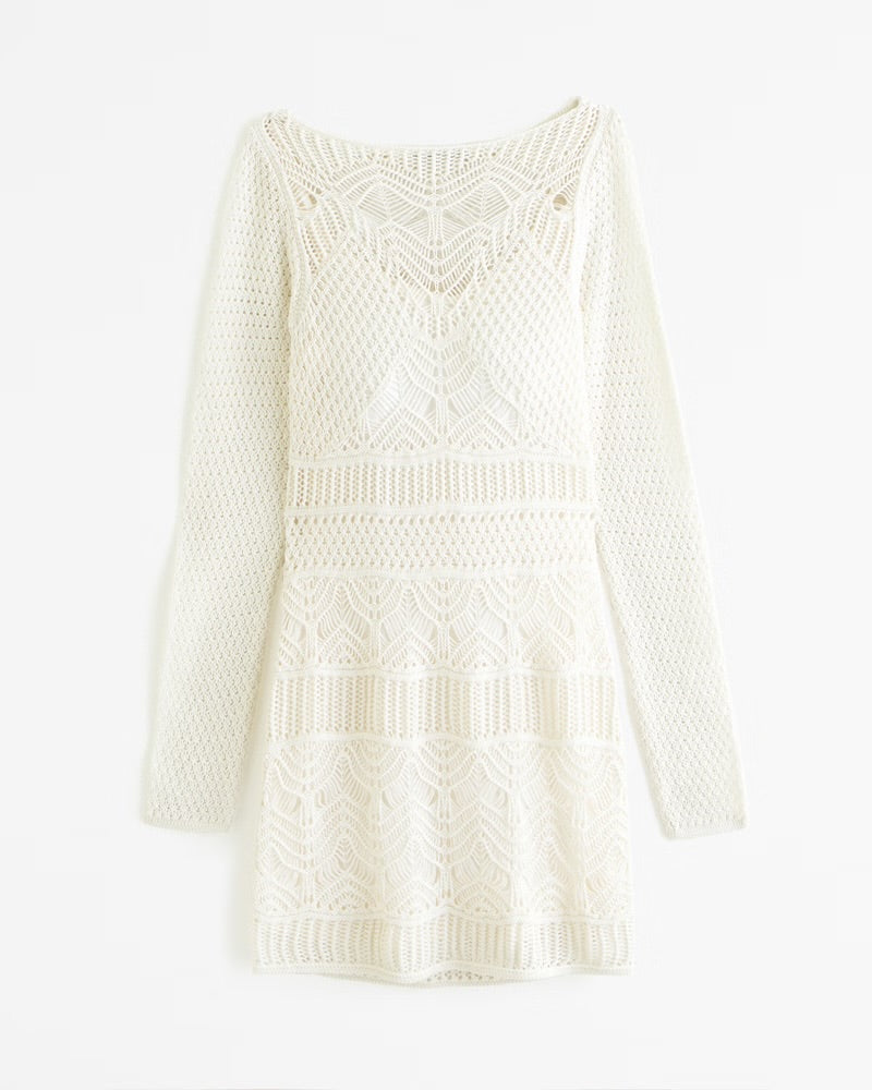 Long-Sleeve Crochet-Style Mini Dress