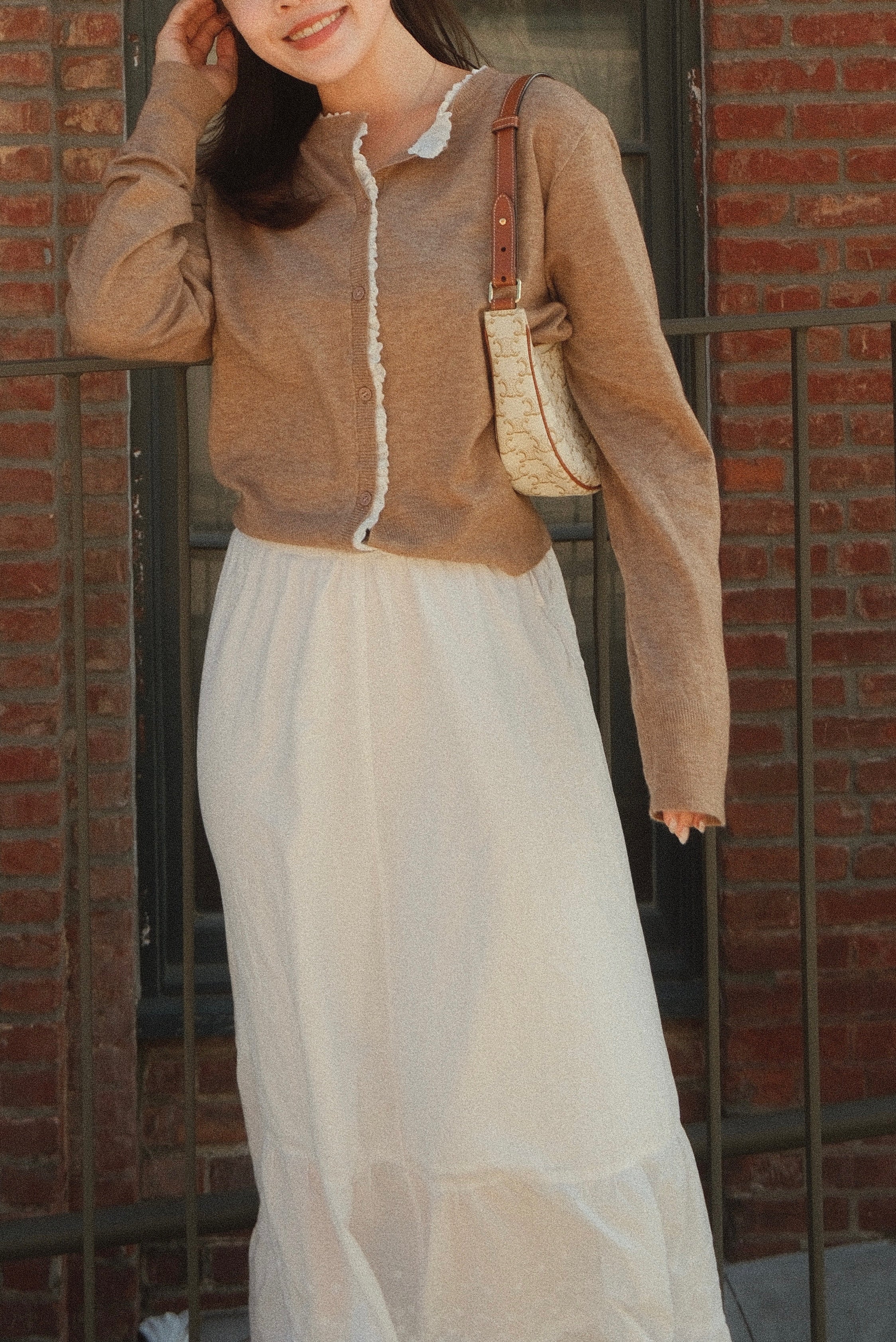 Ruffled Eyelet Trim Button Down Cardigan