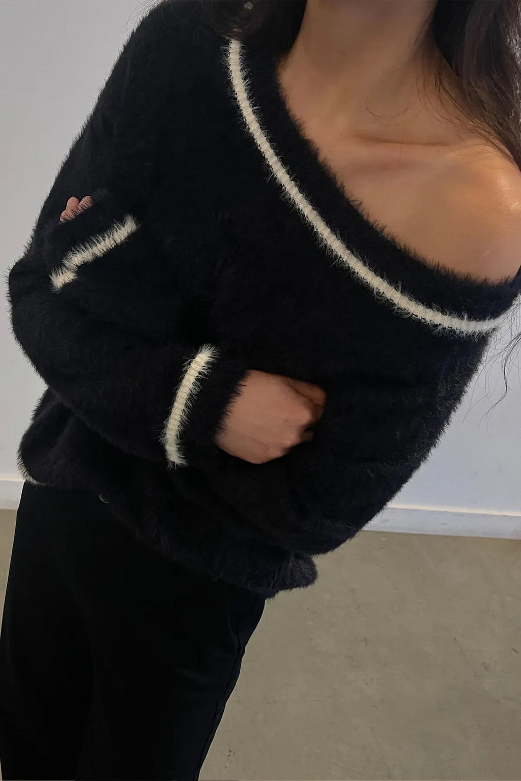 Fuzzy Contrast Detail Sweater