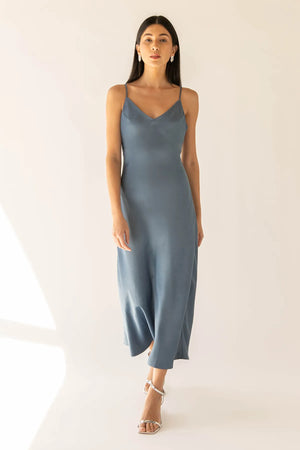 Satin V - Neck Slip Midi Dress