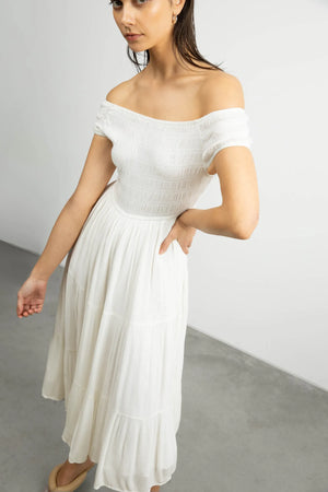 Off the Shoulder Crinkled Midi Tiered Dress