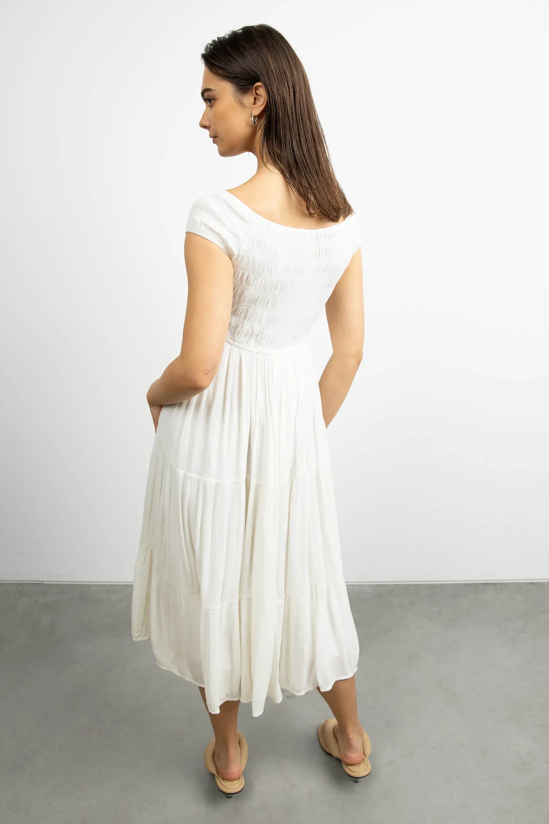 Off the Shoulder Crinkled Midi Tiered Dress