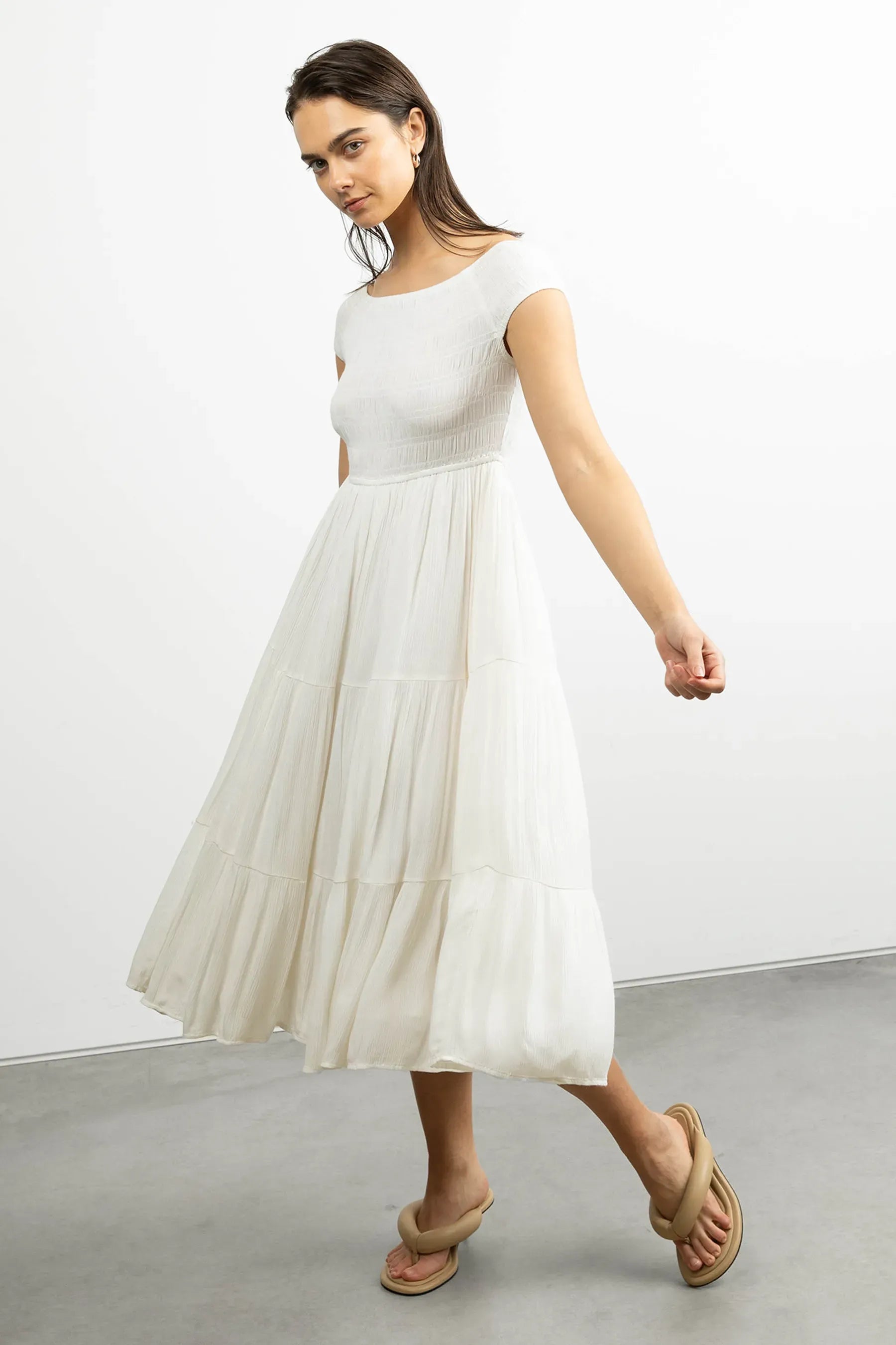 Off the Shoulder Crinkled Midi Tiered Dress