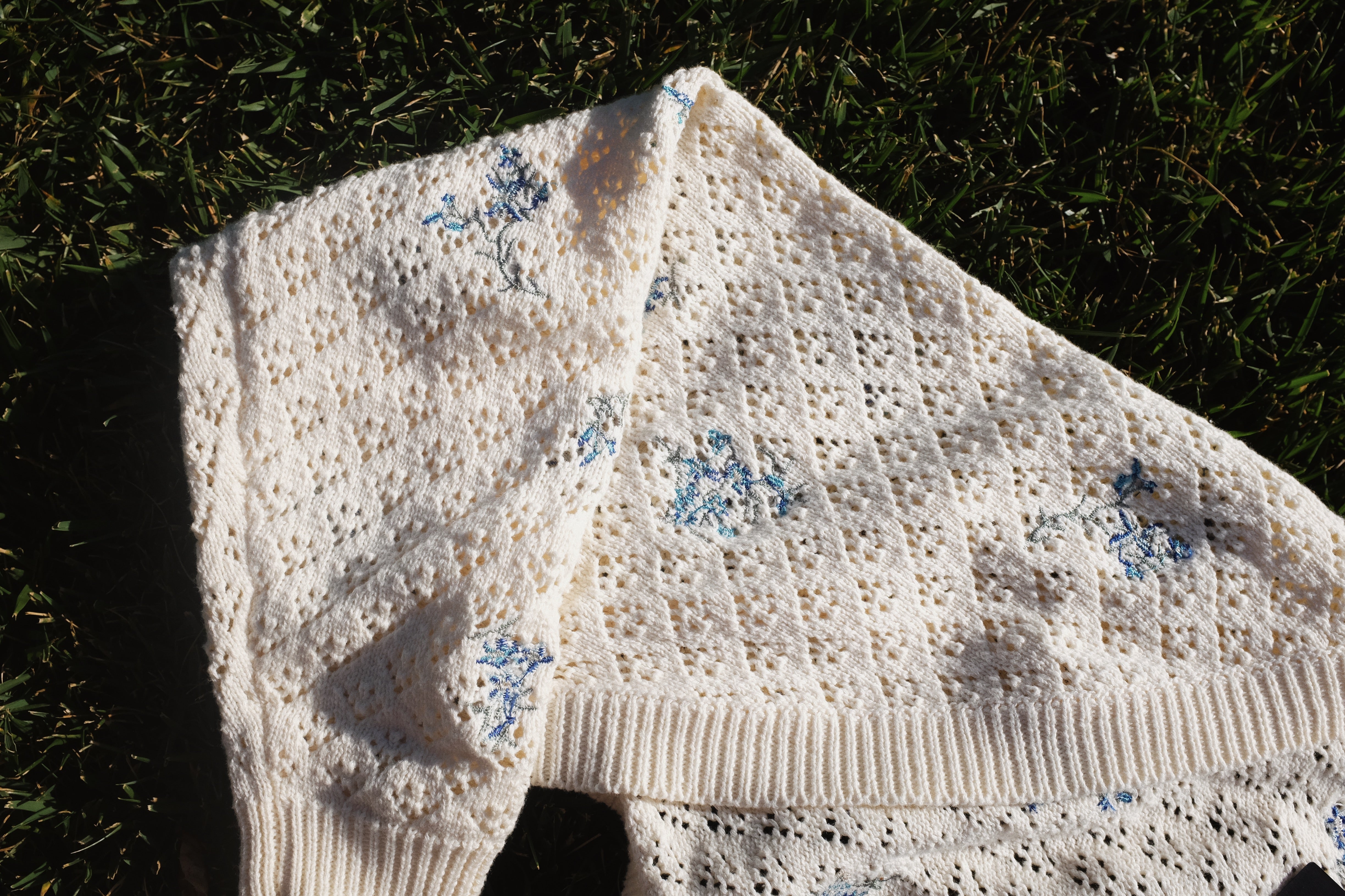 Floral Pointelle Open-Front Shrug Sweater