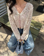 Cotton Crochet Lace Trim Cropped Cardigan