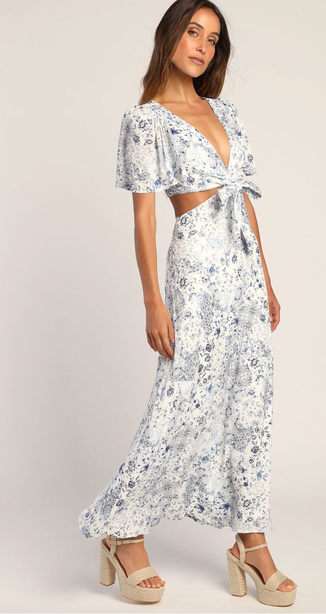 Floral Print Tie-Front Maxi Dress