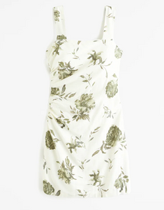 Linen-Blend Ruched Squareneck Mini Dress