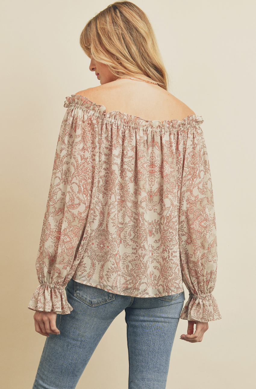 Paisley Flower Off-The-Shoulder Blouse