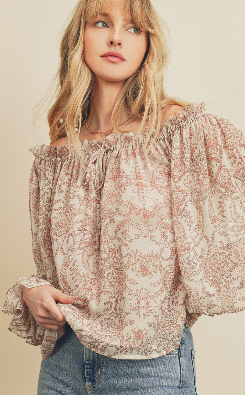 Paisley Flower Off-The-Shoulder Blouse