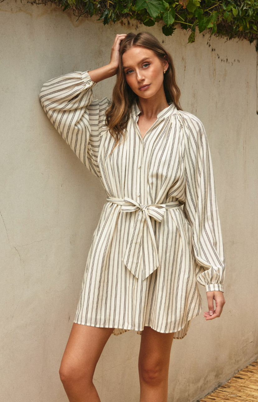 Pin Stripe Bubble Sleeve Shirt Dress