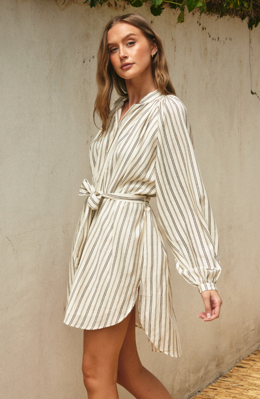 Pin Stripe Bubble Sleeve Shirt Dress