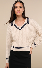 Cable Knit Pullover Varsity Sweater