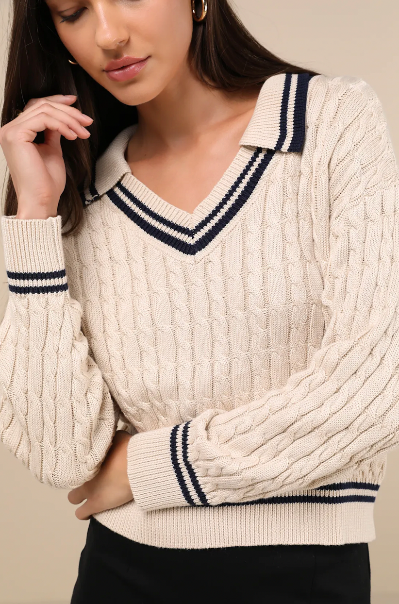 Cable Knit Pullover Varsity Sweater