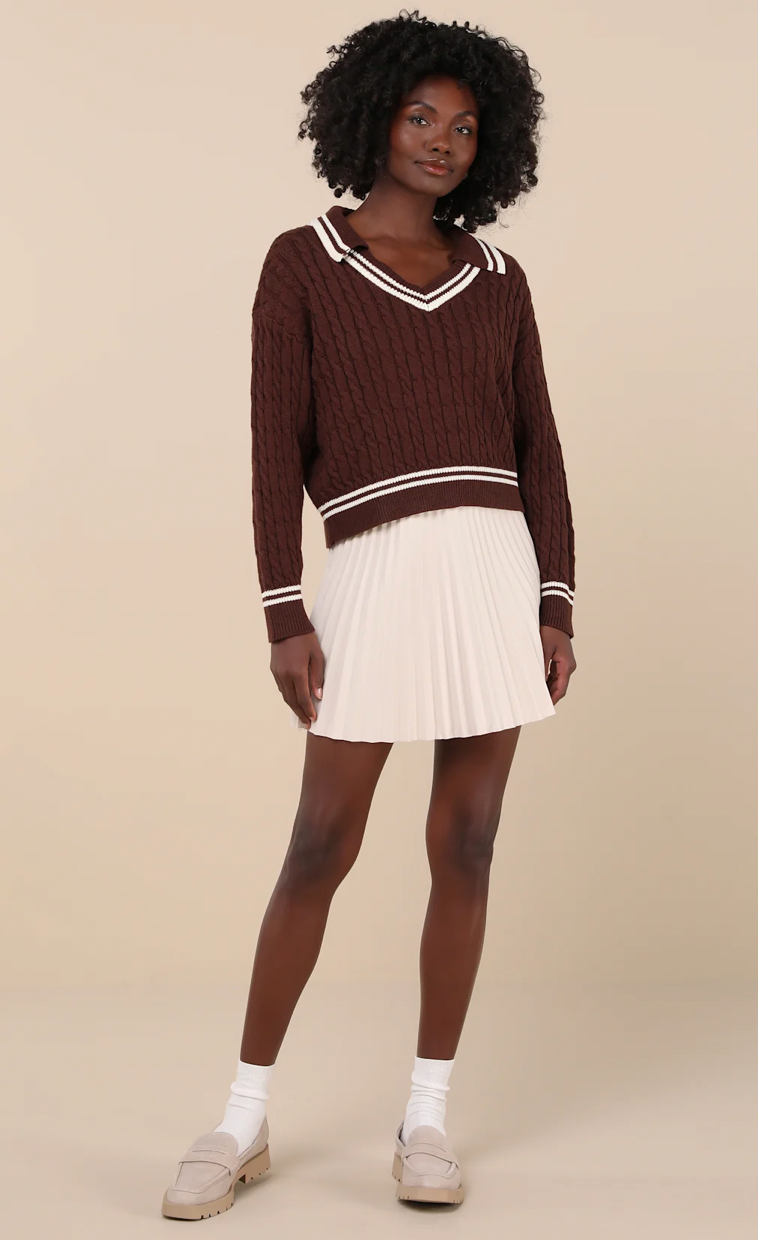 Cable Knit Pullover Varsity Sweater