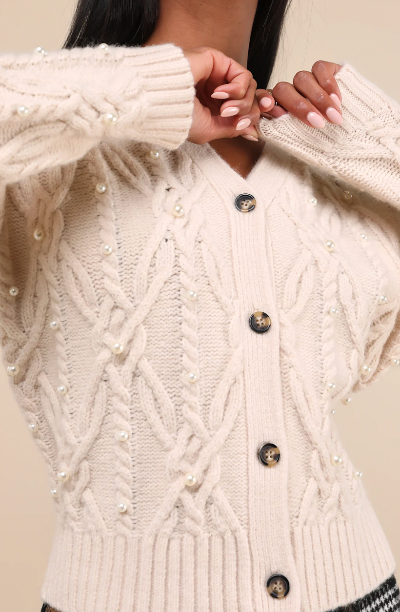 Cable Knit Pearl Cardigan Sweater