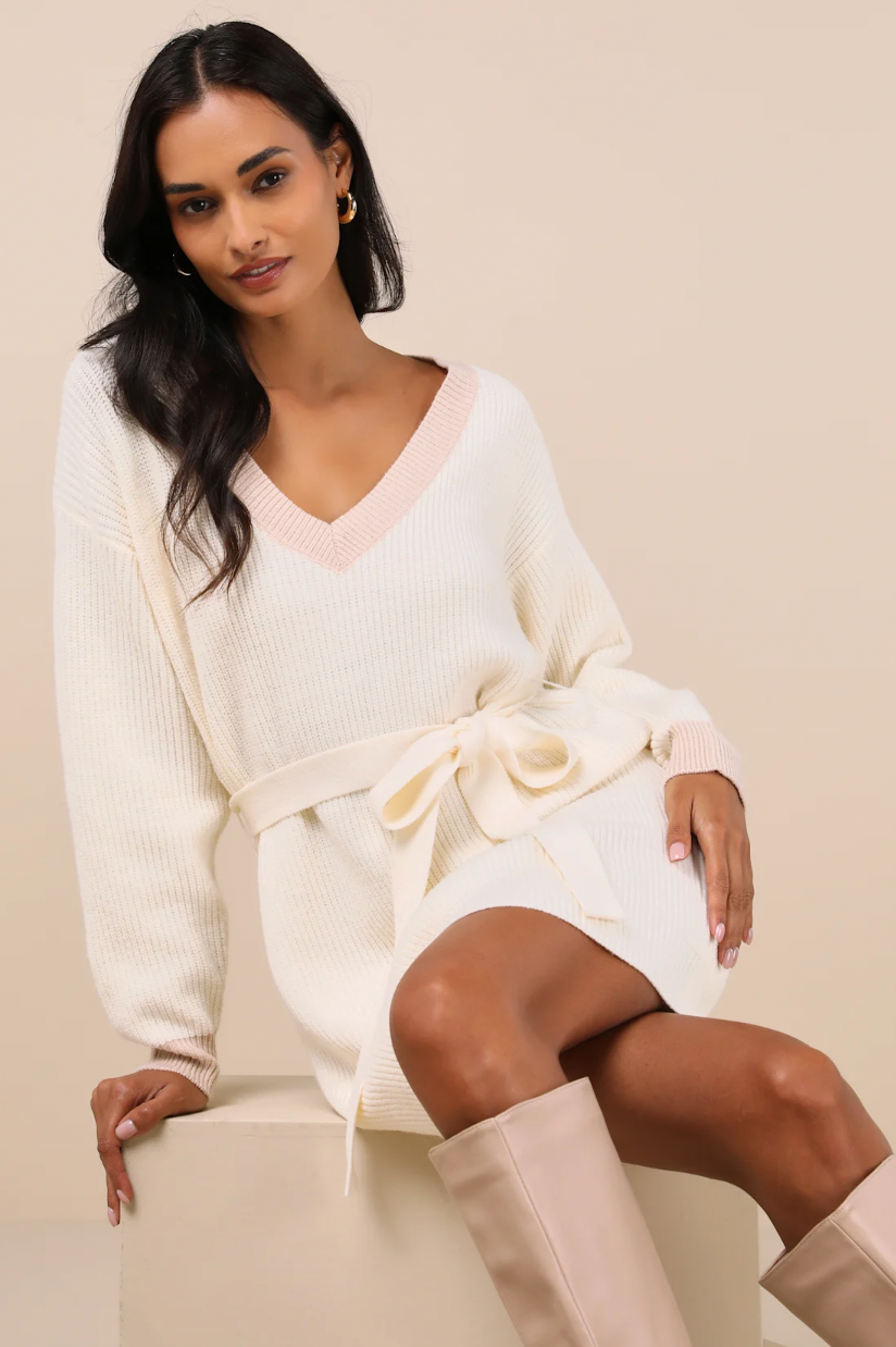 Long Sleeve Belted Sweater Mini Dress