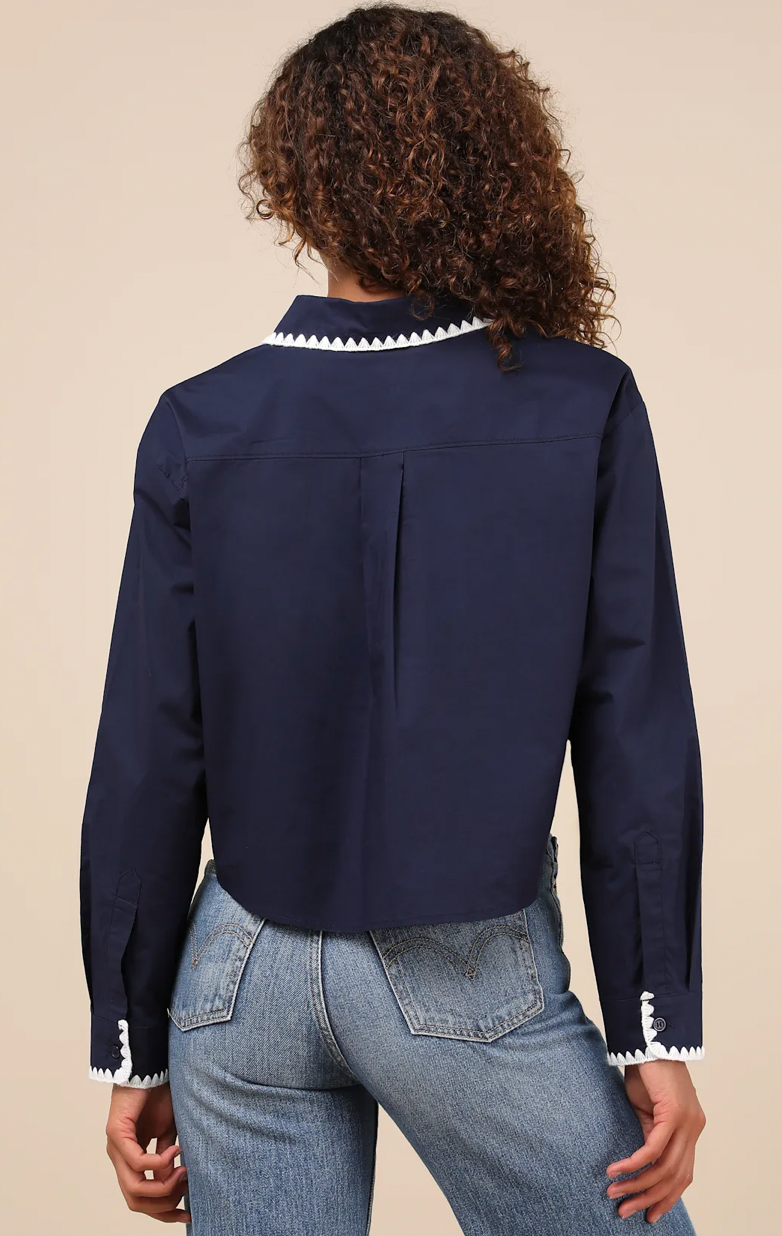 Embroidered Collar Long Sleeve Top