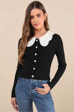 Pointelle Pearl Peter Pan Collar Cardigan