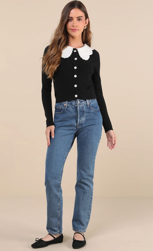 Pointelle Pearl Peter Pan Collar Cardigan