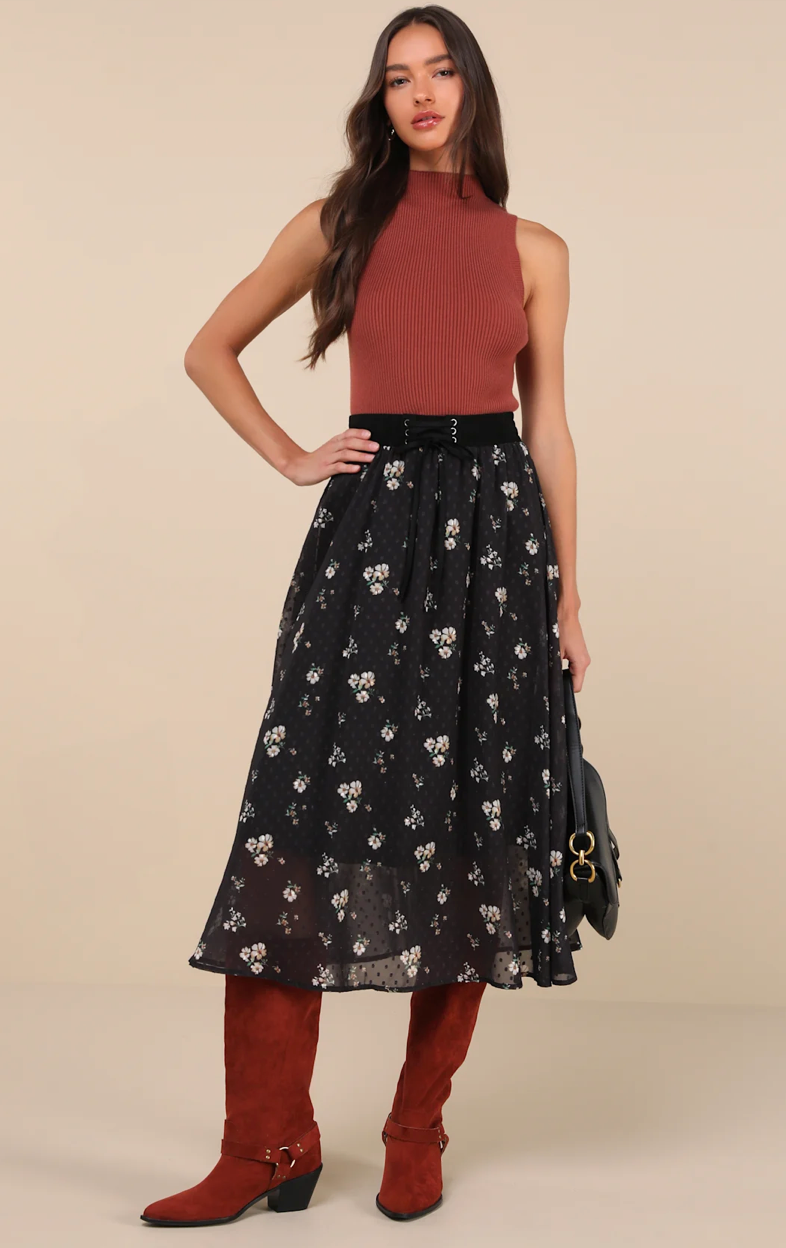 Floral Clip Dot Lace-Up Midi Skirt