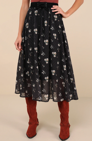 Floral Clip Dot Lace-Up Midi Skirt