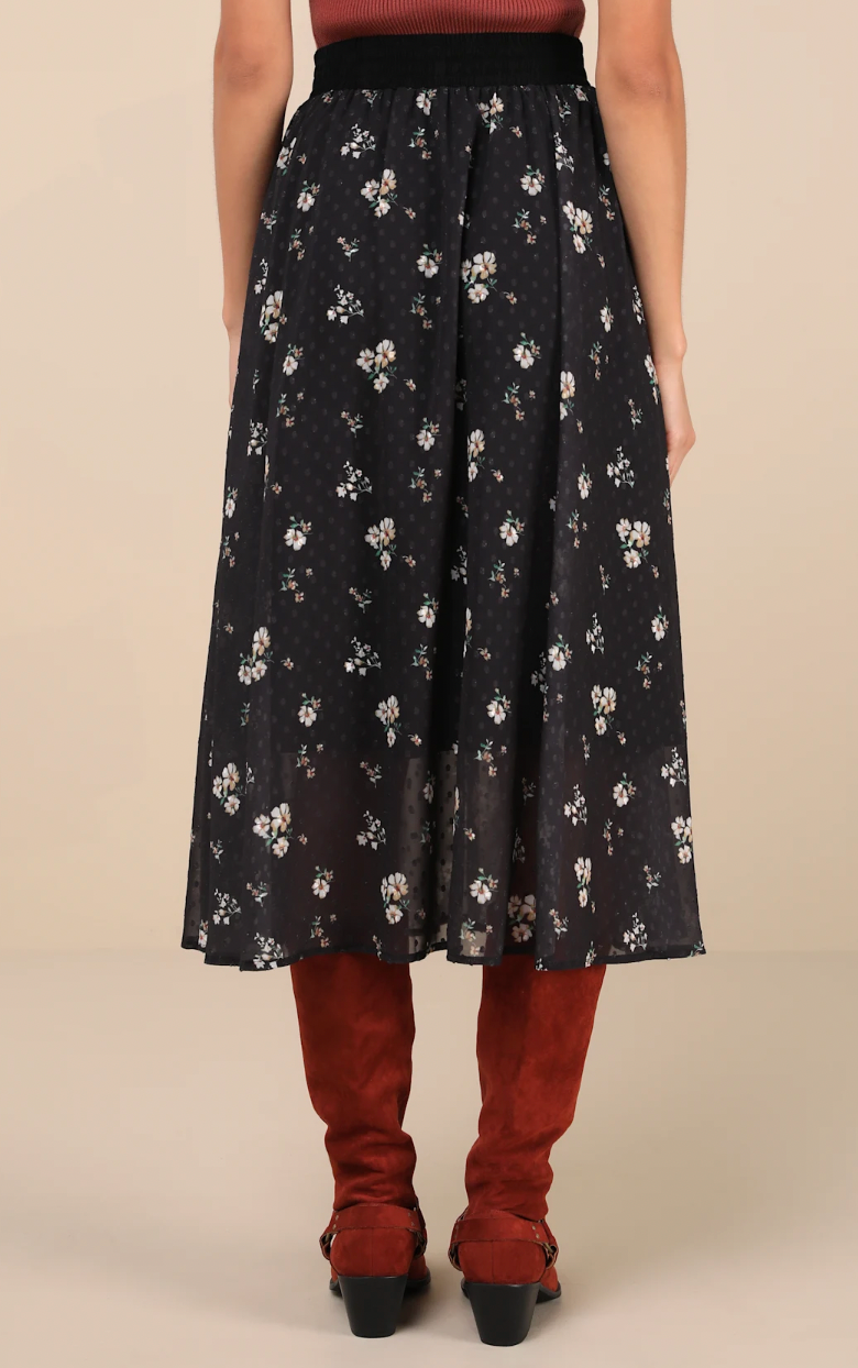 Floral Clip Dot Lace-Up Midi Skirt